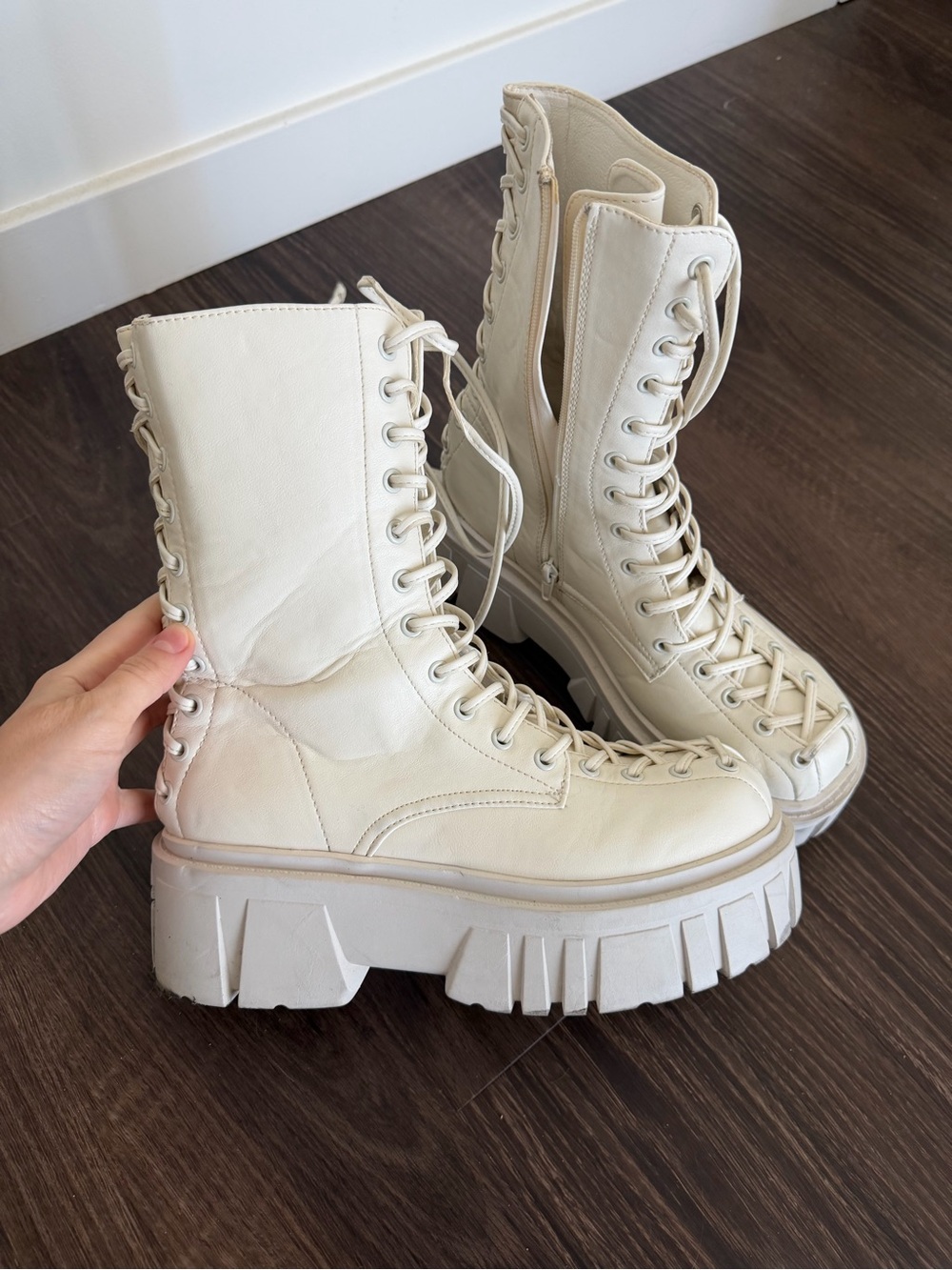 Chunky Lace-Up Combat Boots in Cream